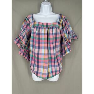 Terra Sky Top Womens 1X Pink Plaid Blue Ruffle Sleeve Pastel Cottage Boho Flowy